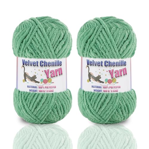 Image of 2 * 100g /3.5oz Fluffy Chenille Yarn for Crocheting, Chunky Velvet Yarn for Crochet Amigurumi, Used for Making Baby Yarns Blanket, Clothes, Pattern Knitting Creations (Light Green)