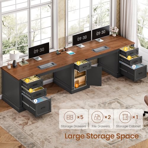 Image of SEDETA Farmhouse 110.3 inch Two Person Desk with 7 Drawers, Long Computer Desk with Storage Cabinet, 2 Person Desk with Power Outlets for Home Office, Black+Brown