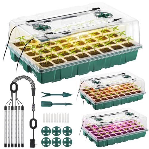 FELISTORY 3 Pack Seed Starter Tray with Grow Light, 120 Cells Seeding Starter Kits, Germination Kit, Green House Germination Trays with Smart Timer, Humidity Dome, Garden Tools Labels