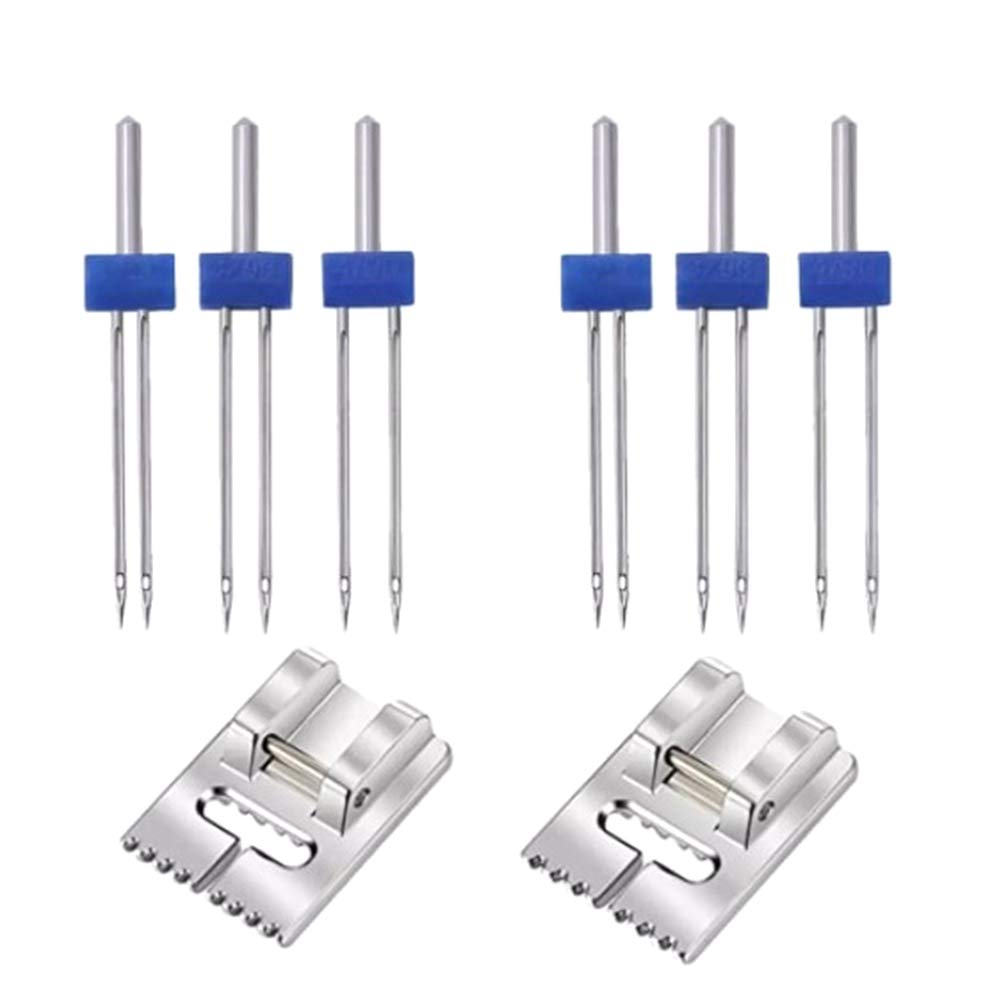 CTRLZS 6Pack Double Twin Needles Wrinkled Needle with 2 PCS 9 Groove Pintuck Presser Foot for Sewing Machine Accessories 5FM