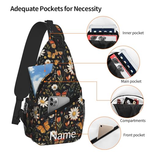 SUPLUCHOM Custom Sling Bag With Name Vintage Butterfly Daisy Leaf Personalized Hiking Daypack Customized Crossbody Shoulder Backpack Travel Chest Pack for Men Women4