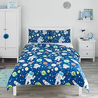 Bloomsbury Mill - Kids Double Duvet Set - Kids Double Bedding for Boys and Girls - Outer Space, Rockets and Planets - Blue Childrens Double Bed Duvet Cover Set with 2 x Pillow Cases - 200x200cm