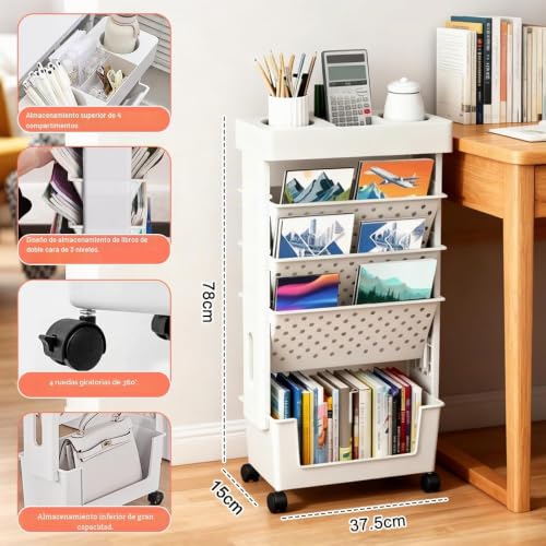 Miniatura 2 de Huucozn Carro De Almacenamiento Con Ruedas De 5 Niveles, Carrito Organizador Libros Y Libretas, Estanteria Movil Con Ruedas, Estanteria Movible Para Libros Para Salón, Dormitorio Y Espacios De Trabajo