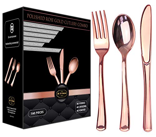 JL Prime 160 Rose Gold Plastic Silverware Set, Rose Gold Plastic Cutlery Set, Heavy Duty Utensils for Party & Wedding, Disposable Flatware, 80 Plastic Forks, 40 Plastic Spoons, 40 Plastic Knives