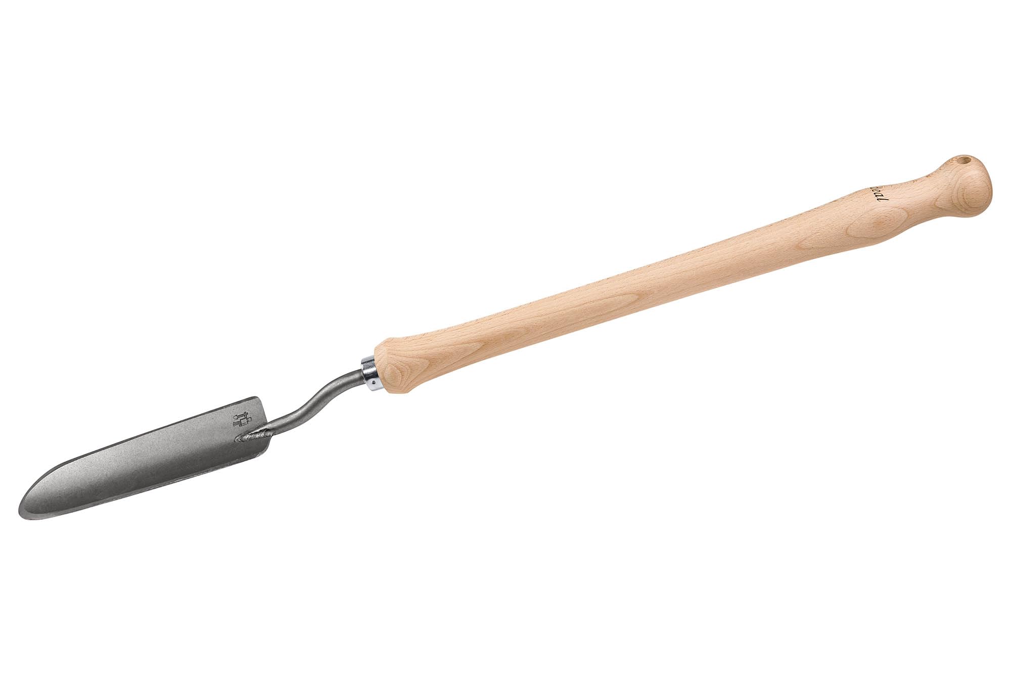 IDEAL-Handschaufel schmal | geschmiedetes, spezialgehärtetes Stahlblatt mit scharf angeschliffener Schneide, handgefertigt in Deutschland, Buchenholzstiel 40 cm mit Aufhängebohrung,