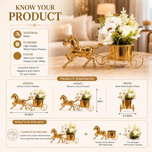 Image of Divyakosh Artificial Flower Vase, Golden Horse Chariot with Pre Fixed Flowers, Showpiece | Home Decoration Item for Living Room| Gift Items, Aesthetic Home Decor, Vase for Home Decor'