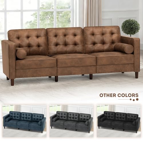 Image of 84 inch Suede Leather Modern Sofa with Bolster Pillows, Upholstered 3 Seats Sofa with Well-Filled Backrest, Comfy Tufted Couch with Sturdy Legs for Living Room, Office, Bedroom, Brown