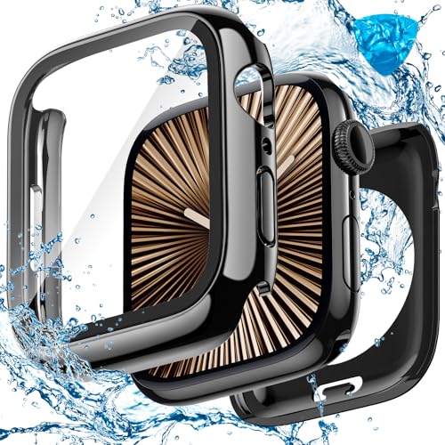 Image of 3 in 1 Goton Waterproof Hard Case for Apple Watch Screen Protector 42mm, 360 Slim Full Protective Tempered Glass Face Cover + Back Hard PC Bumper for iWatch Series 11 /10, 42mm Jet Black