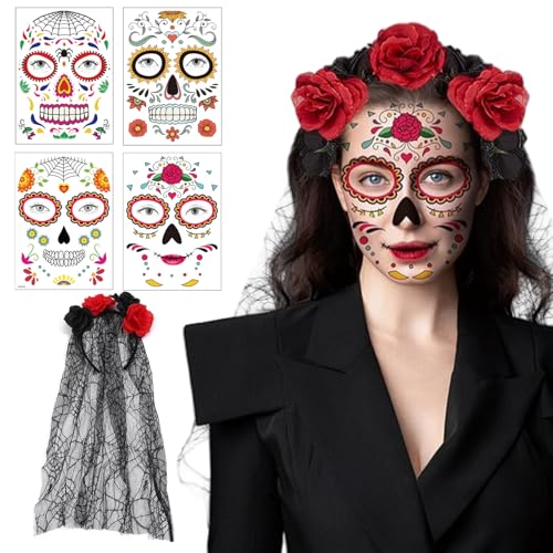 GWAWG Cerchietto per Halloween con velo nero e rose gotiche + 5 adesivi per il viso – accessorio per il giorno dei morti, costume messicano spaventoso chic