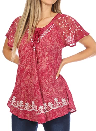 Image of Sakkas Ash Speckled Tiedye Embroidered Cap Sleeve Blouse Top with Embroidery Hems