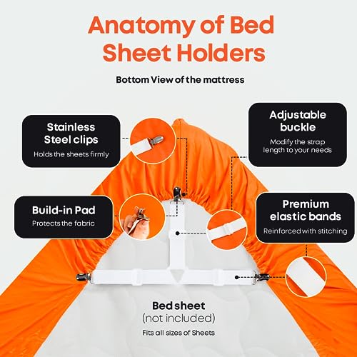 Image of 5 STARS UNITED Bed Sheet Straps Set | Easy to Use Adjustable Elastic Fasteners with Metal Clips | Sheet Holders for Corners | Fitted Sheet Clips to Hold Sheets in Place | (4 Pcs White)