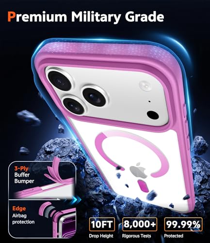 Image of FNTCASE for iPhone 17 Pro Case: Clear Magnetic Phone Cases with Screen Protector Compatible with Magsafe Slim Anti Yellowing Rugged Shockproof Protective Transparent Cell Phone Cover (B-Pink)