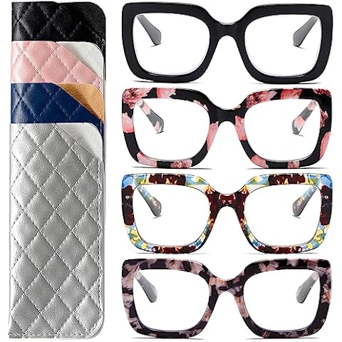 ZXYOO 4 Pack Retro Oversized Reading Glasses for Women, Blue Light Blocking Computer Readers with Spring Hinge and PU Leather Cases +1.00 Cover