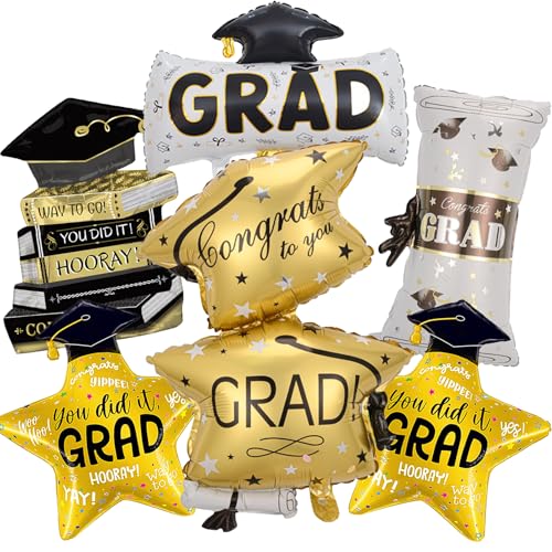 6 Pcs Graduation Balloons Class of 2026 Gold Congrats Grad Cap Balloons Grad Star Foil Balloon for College High School Grad Party