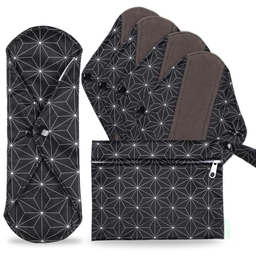 Image of wegreeco Reusable Menstrual Pads, Incontinence Sanitary Period Cloth Pads for Women, Reusable Washable Feminine Panty Liners Heavy Flow, Charcoal, 5 Pack,1 Cloth Wet Bag (Small, Black Asanoha Pattern)