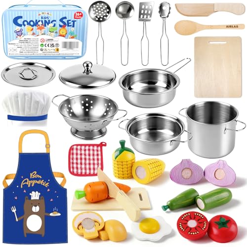 Airlab Jouet Bois Fruit Légume Découper, Enfant Dinette Nourriture Accessoire Ustensile Cuisine, Jeu Chef Marchand Tablier, Cadeau Anniversaire Pâques Halloween Noël...