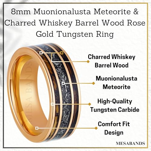 Men's Wedding Ring 8mm Rose Gold Tungsten Charred Whiskey Barrel Wood & Meteorite Inlay – Comfort Fit Mens Wedding Band with Antique Wooden Ring Box2