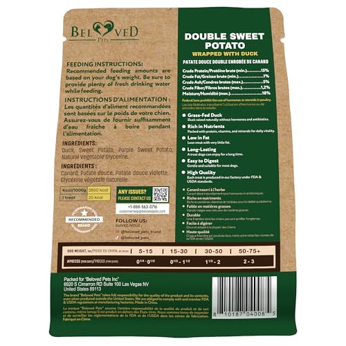 Image of Beloved Pets Sweet Potato Dog Treats & Healthy Duck Chews 10.6 Oz - Puppy Snacks & Soft Bones for Large, Medium & Small Breeds - Natural Dog Food & Grain-Free, Rawhide-Free Training Jerky Wraps