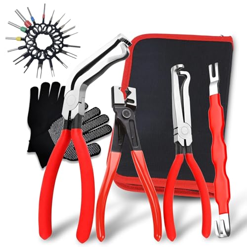 4 Piece Automotive Electrical Disconnect Pliers Kit High-Carbon Steel Connector Separator Tool with Straight & 60 Tips Hose Clamp Plier & 18pcs Pin for Cars SUVs Fuel Line Repair (Storage Box)