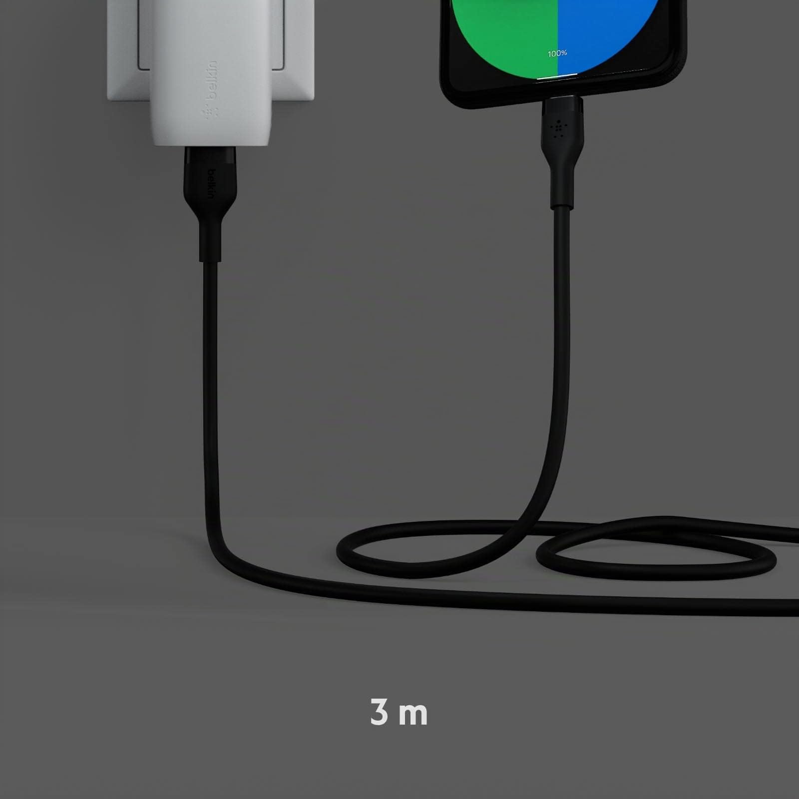 Belkin BoostCharge Flex Silikon-USB-C-/USB-C-Ladekabel, USB-IF-zertifiziertes USB C Kabel für iPhone 16, iPhone 15, Samsung Galaxy S24, S24 Ultra, Note, Google Pixel, iPad Pro, 3 m – Schwarz