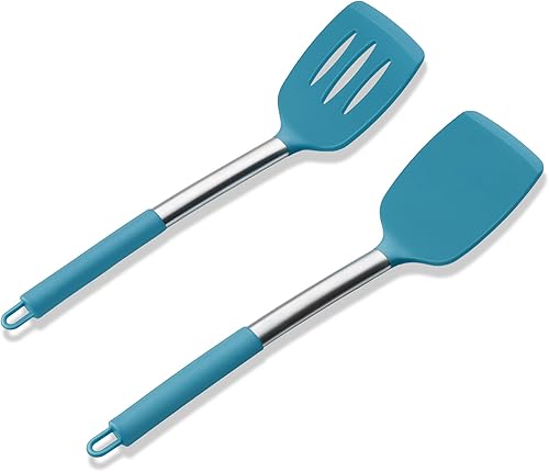 E-far - Juego de 2 espátulas de silicona, espátulas sólidas y ranuradas para utensilios de cocina antiadherentes, utensilios de cocina de goma