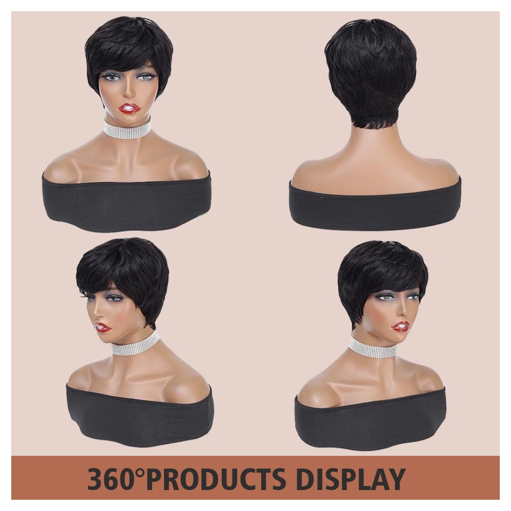 Wig Hair Short Wigs for Black Women Hair Glueless Natural Look Cut Wig Lace Front Wigs with Bangs Straight Short Human Hair Wigs (Black) - Image 3