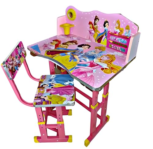 Image of MLU Kids Study Table and Chair Set, Height Adjustable (Pink), MDF Multifunctional Baby Desk Chair