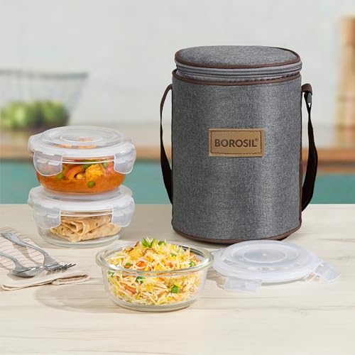 Image of Borosil Pro Borosilicate Glass Lunchbox with Bag | 3 pc Round Container Set (400 ml Each) | Microwave & Dishwasher Safe, Leakproof | Tiffin for Office, School, College | Transparent