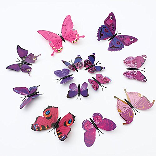 Bluelover 12Pcs 3D Papillon Wall Stickers Frigo Magnet pour Maison & Décoration-Purple & Rouge