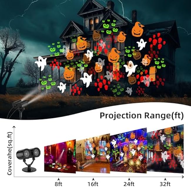 Double Head Halloween Projector Lights Outdoor with Timer,IP65 Waterproof Dynamic Halloween Ghost Skeleton Pumpkin Devil Face Lights for Home Window Wall Decor