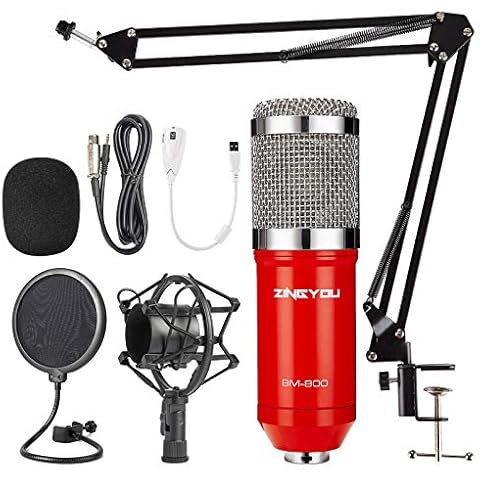 ZINGYOU Condenser Microphone Kit, BM-800 Mic Set with Adjustable Mic Suspension Scissor Arm, Metal Shock Mount and Double-layer Pop Filter for Studio Recording & Broadcasting (Red) Cover