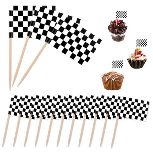 Grevosea 96 Pack Checkered Black and White Racing Toothpick Flag Race Car Small Toothpick Mini Stick Cupcake Toppers Fruit Cupcakes Toppers Food Stick Flags Decorations for Party Bar Sport Events