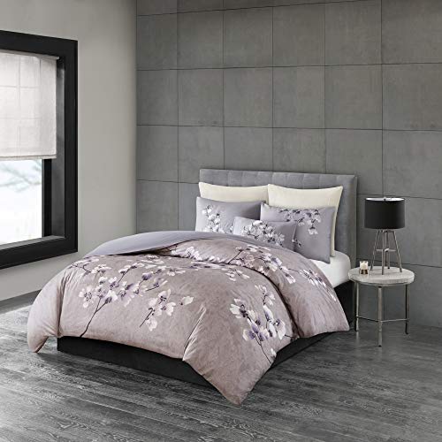 N Natori Sakura Duvet Cover Reversible Cherry-Blossom Cotton Printed Flower Floral Botanical Matching Embroidered Shams Soft Corner Ties All Season Bedding-Sets, Full/Queen(92"x96"), Lilac by N Natori - Used condition - US$43.30