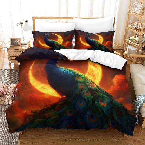 Housse de couette fermeture éclair 140x200 microfibre anti-plis imprimé paon 3D - 3