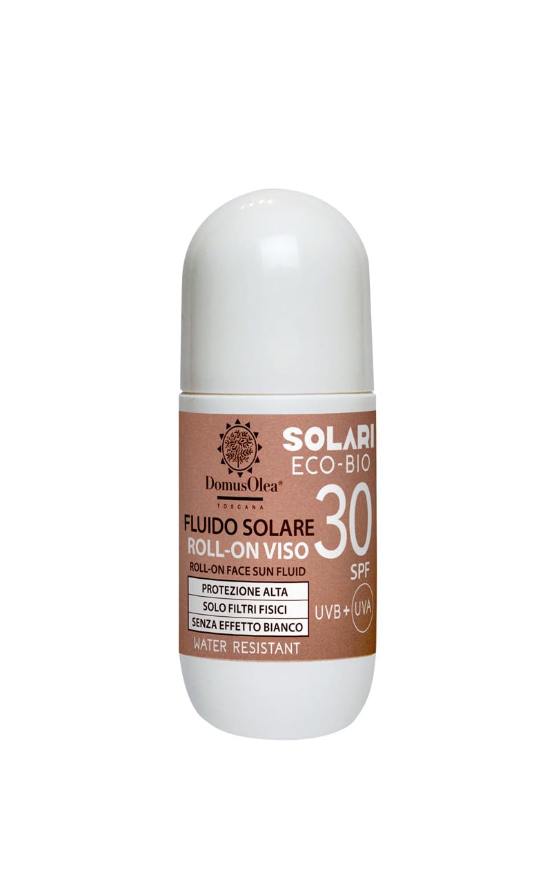 FLUIDO SOLARE VISO ROLL-​ON SPF 30 – Solo Filtri Fisici Minerali Microincapsulati, Senza Nanoparticelle - Protezione UVA/​UVB, Water Resistant - 50 ml - ECO-​BIO - DOMUS OLEA TOSCANA