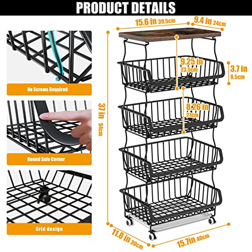 Gsiekare Fruit Vegetable Basket For Kitchen, 5 Tier Stackable Fruit Vegetable Storage Baskets With Wheels, Metal Wire Storage Basket Organizer Cart For Kitchen, Pantry, Bathroom #TOP3