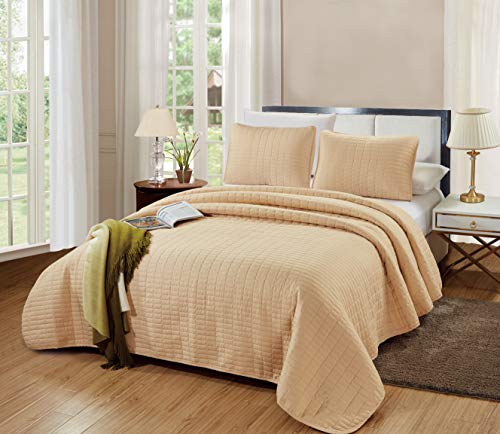 Grandlinen 3-Piece Bedding Catena Quilt Set Solid Sand Beige King Size 104" X 90" Bedspread With 2 Pillow Shams - Rectangle Box Pattern Soft Microfiber Coverlet #TOP22