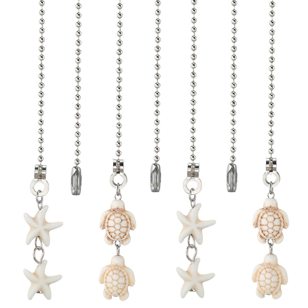 CRASPIRE 12Pcs 2 Styles Sea Turtle Ceiling Fan Pull Chain Synthetic Turquoise 14.17 Inch Starfish Summer Ocean Hanging Charm Ornament Fan Ball Chain Extender Danglers for Ceiling Fan Light Lamp Decor