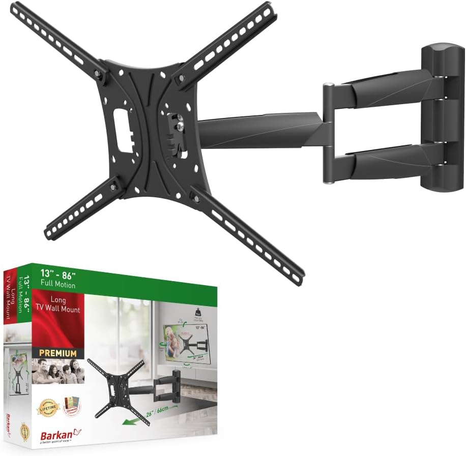 Barkan 66cm Long TV Wall Mount, 13-86 inch Full Motion Articulating - 4 Movement Premium Flat/Curved Screen Bracket, Holds up to 56kg, Extremely Extendable, Fits LED OLED LCD
