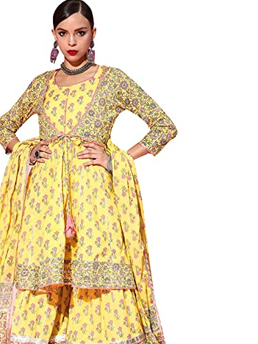 Image of ishin Women's Cotton Kurta With Sharara & Dupatta