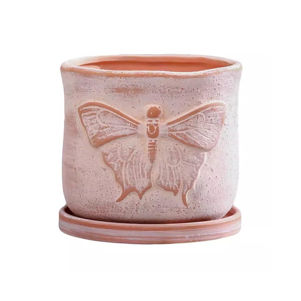 Gelasige A Flower Pots Creative Retro White Pottery Flower Pot Stoneware Red Flower Pot Simple Breathable Handmade Relief Flower Pot Outdoor Flower Pots