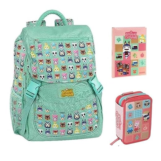Scuola Mochila Animal Crossing extensible verde agua + estuche 3 pisos completo + diario estándar 2021/2022 + regalo 7 bolígrafos disparadores borrables + bolígrafo luminoso LED y llavero Paillettes