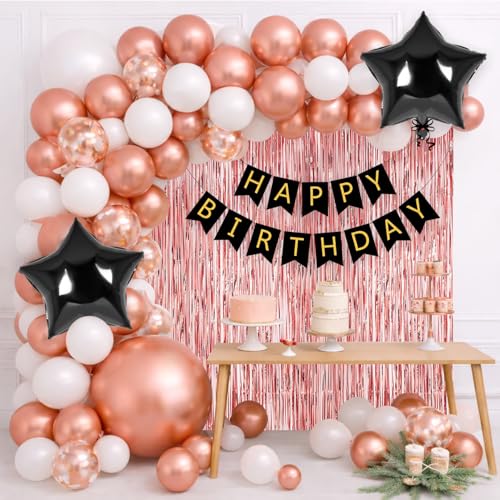Image of Rozi Decoration Rose Gold White Balloon Arch Kit for Birthday Decoration Party | White, Rose Gold & Confetti Balloons with Happy Birthday Banner for Home Party Backdrop Set of 63 Pcs