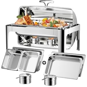 Roll Top Chafing Dish for Buffet: Rectangular Catering Food Warmer for Parties Birthday Wedding family gathering with 1 Full Size & 2 Half-Size Buffet Server Dish& 14QT Water Pan
