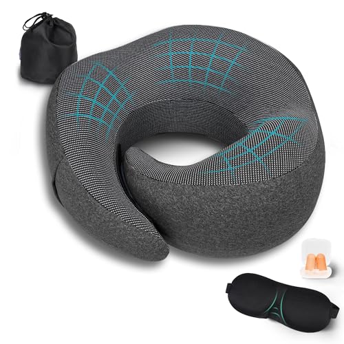 Travel Pillow for Airplane with 100% Memory Foam, 360° Adjustable Full Surrounding Flying Neck Pillows, Travel Pillow Set with 3D Eye Masks, Earplugs (Black)