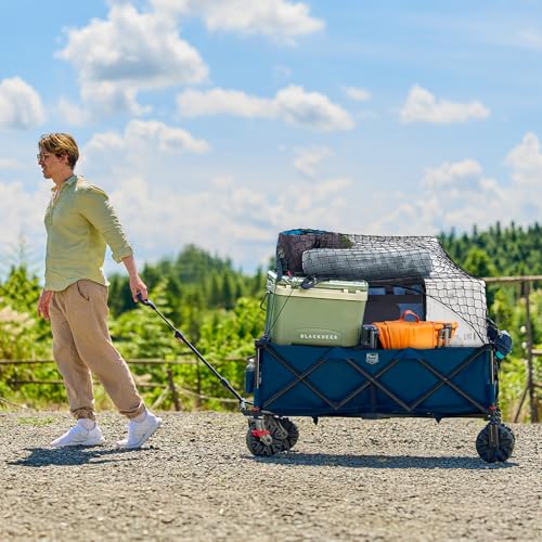 Image of Timber Ridge 51.2 inch Extended Collapsible Wagon, 400L, Blue | Heavy-Duty Utility Cart, All-Terrain Wheels, Brakes & Cargo Net, For Camping, Sports & Shopping