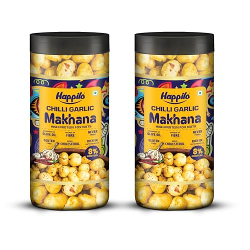 Image of Happilo Premium Makhana Chilli Garlic Jar 80g | Roasted Foxnuts, Phool Makhana | Healthy Snacks | Low Calorie, Vegan, Spicy & Tasty (Pack of 2)