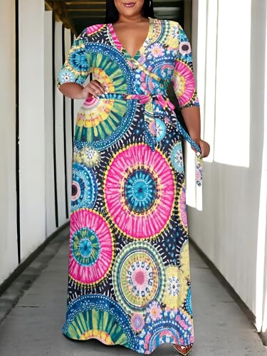 Image of SUZONANA Plus Size Maxi Dresses for Curcy Women Casual Loose 3 /4 Sleeve Long Dress with Belt