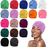 Jeyiour 18 Pcs Women Turban African Pre Tied Bonnet Hairwrap Flower Knot Bonnet Beanie Cap Turban Head Wraps Headband Hat (Novel Colors)
