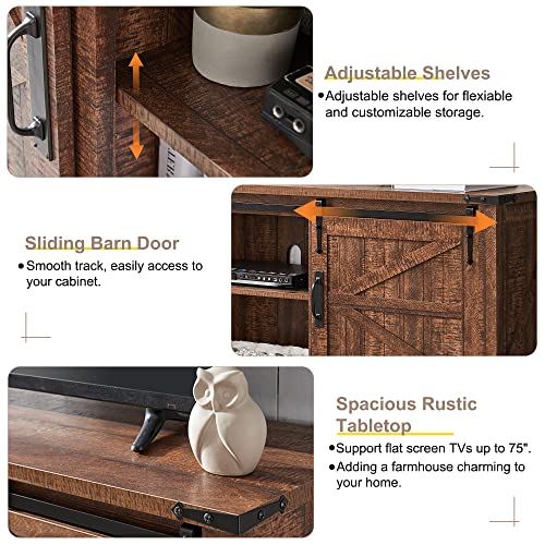 Okd Farmhouse Tv Stand For 75 Inch Tv, Rustic Entertainment Center W/Sliding Barn Door Wood Media Console Cabinet 66 Inch Long Television Stands For 70 Inch Tvs, Reclaimed Barnwood Color #TOP1